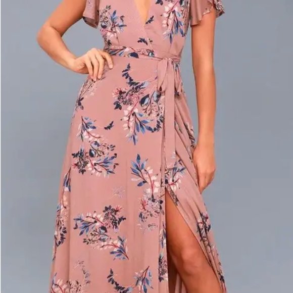 Lulu’s Rusty Rose Floral Print Short Flutter Sleeve Wrap Maxi Dress - Picture 3 of 4